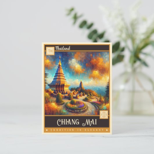 チェンマイ、タイ |ヴィンテージ絵を描ー ポストカード (スタンド正面)