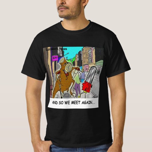 チェーソー vs 木の面白いコミック「困った」 tシャツ (正面)