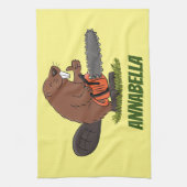 チェーンソーおもしろいガのユーモアを持つビーバー キッチンタオル (縦)