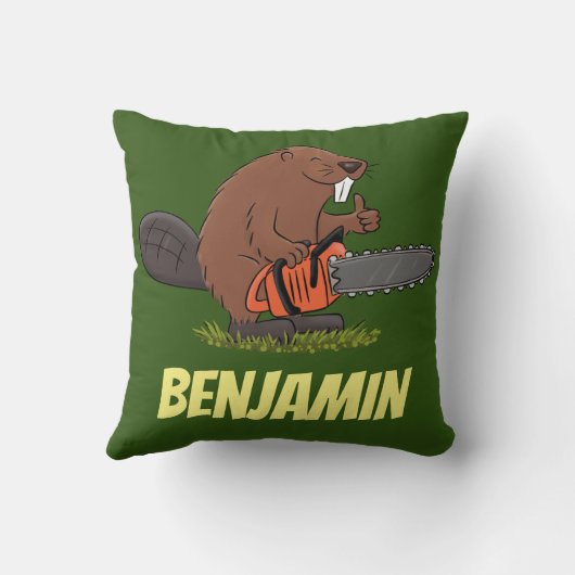 チェーンソーおもしろいガのユーモアを持つビーバー クッション (裏面)
