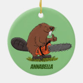チェーンソーおもしろいガのユーモアを持つビーバー セラミックオーナメント (裏面)