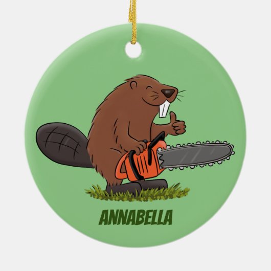 チェーンソーおもしろいガのユーモアを持つビーバー セラミックオーナメント (裏面)