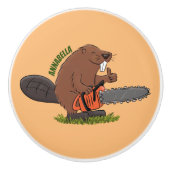 チェーンソーおもしろいガのユーモアを持つビーバー セラミックノブ (正面)