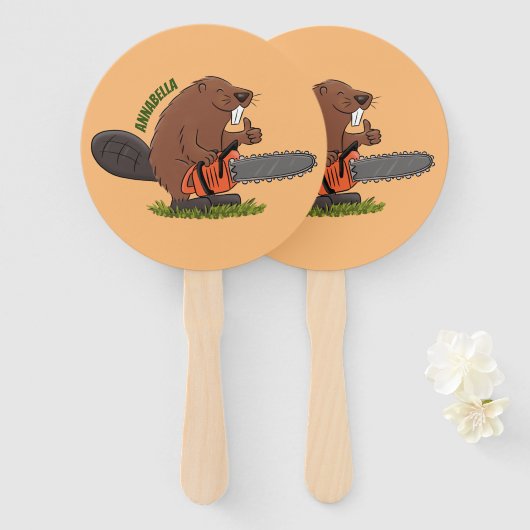 チェーンソーおもしろいガのユーモアを持つビーバー ハンドファン (正面&裏面)