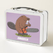 チェーンソーおもしろいガのユーモアを持つビーバー メタルランチボックス (裏面)