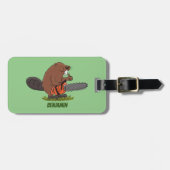 チェーンソーおもしろいガのユーモアを持つビーバー ラゲッジタグ (正面横)