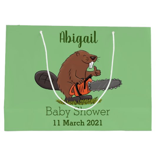 チェーンソーおもしろいガのユーモアを持つビーバー ラージペーパーバッグ (裏面)