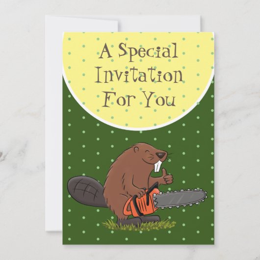 チェーンソーおもしろいガのユーモアを持つビーバー 招待状 (裏面)