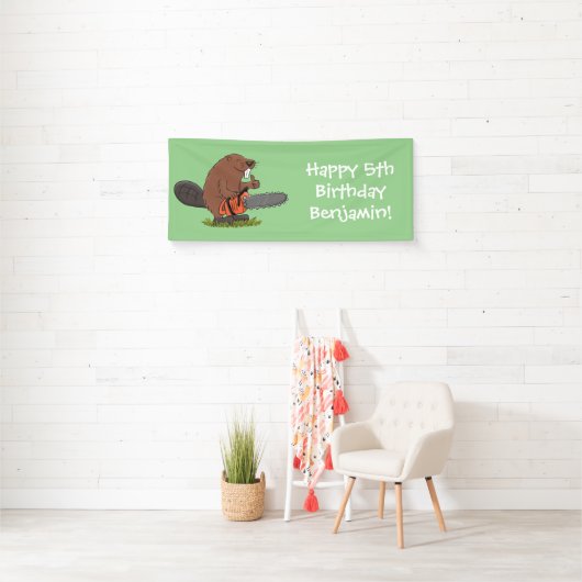 チェーンソーおもしろいガのユーモアを持つビーバー 横断幕 (インサイチュ)