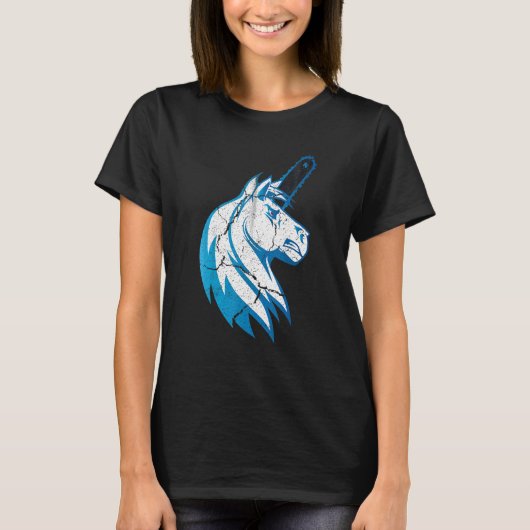 チェーンソーと青い炎の悪い馬のユニコーン Tシャツ (正面)