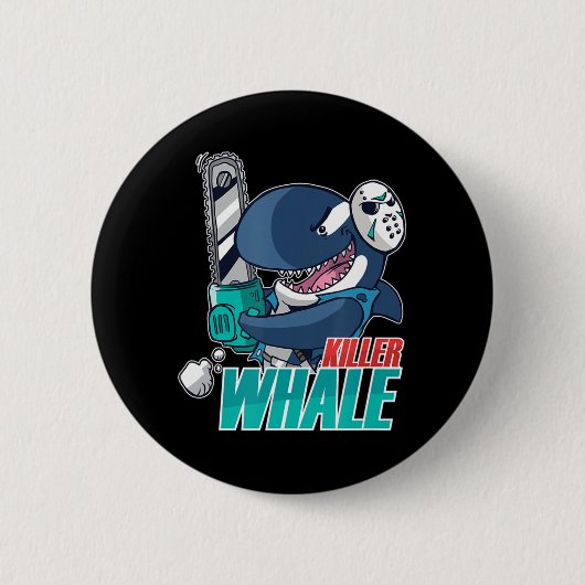 チェーンソーキラークジラの衣装おもしろいオルカハロウィーン 缶バッジ (正面)