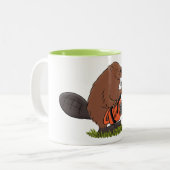 チェーンソー漫画イラストレーション付きビーバー ツートーンマグカップ (正面左)