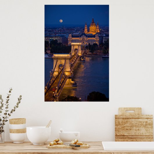 チェーンブリッジと夜の満月 ポスター (キッチン)