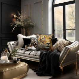 チエタ顔モザイクスタイリッシュキャットブラック&金ゴールド クッション