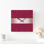 チエレガントックバラ金ゴールドとブルゴーニュのストリップ スクエア壁時計 (ホーム)