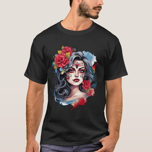 チカーノガールメキシコフラワーデスかわいらし Tシャツ (正面)