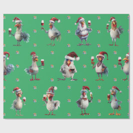 チキンおもしろいクリスマスホリデーワインパーティーグリーン ラッピングペーパー