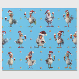 チキンおもしろいクリスマスホリデーワインパーティーブルー ラッピングペーパー