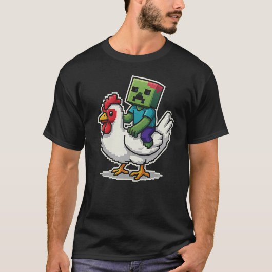 チキンおもしろいジョッキー乗りピクセル騎手 Tシャツ (正面)