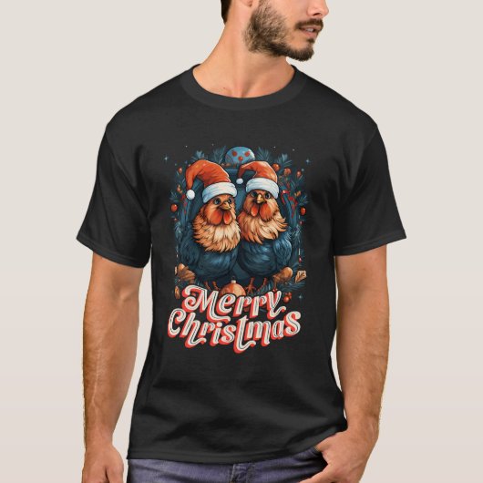 チキンおもしろいズメリークリスマスツリーチキン恋人 Tシャツ (正面)