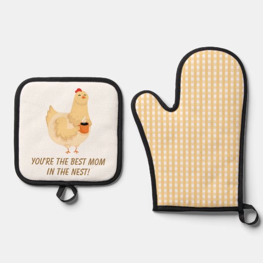 チキンおもしろいヘンマザーユーモアファームマママママ 鍋つかみ&鍋敷きセット (正面)