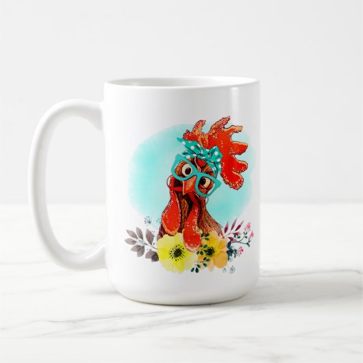 チキンおもしろい熱狂するレディ追加文字 コーヒーマグカップ (左)