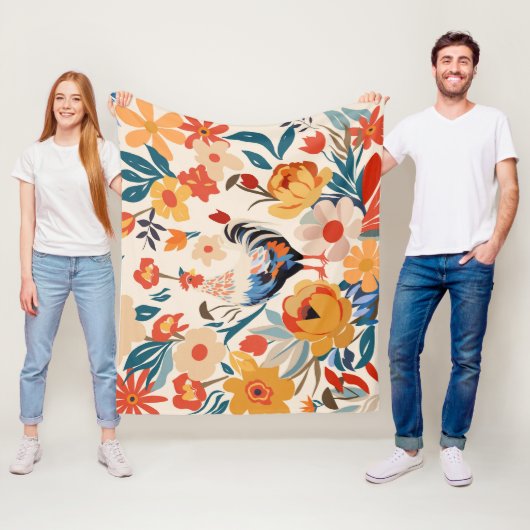 チキンお洒落カラフルフローラの背景 フリースブランケット (インサイチュ)