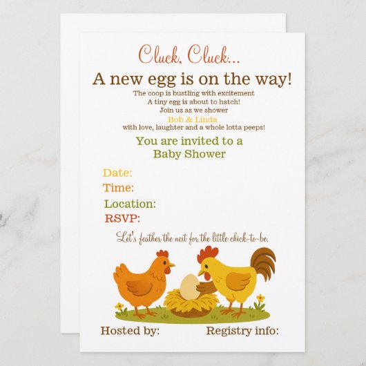 チキンをテーマにしたベビーシャワー 招待状 (正面/裏面)