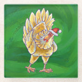 チキンクリスマスオングリーン ガラスコースター (正面)