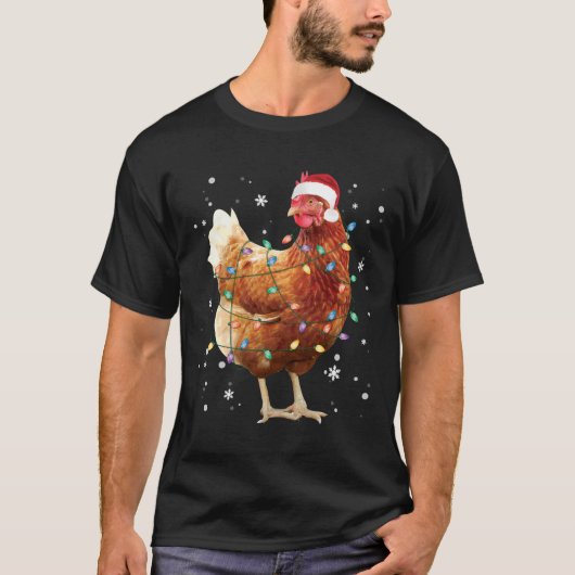 チキンクリスマスツリーライトサンタハットおもしろいクリスマス Tシャツ (正面)