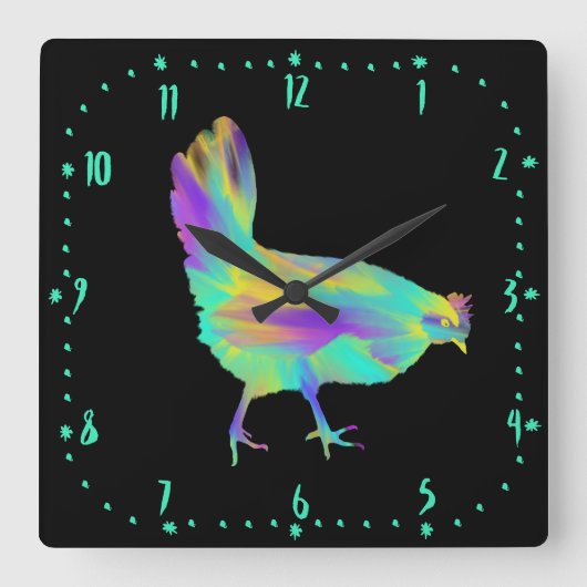 チキンタイムキュートカラフルアクアファームヘンアート スクエア壁時計 (正面)