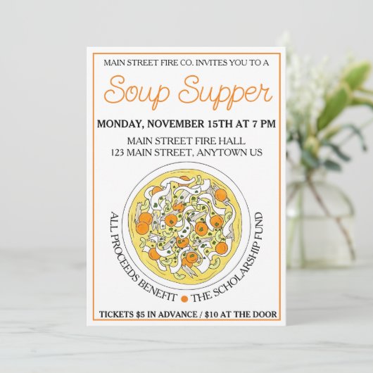 チキンヌードルスープボウル夕食ディナーパーティー 招待状 (スタンド正面)