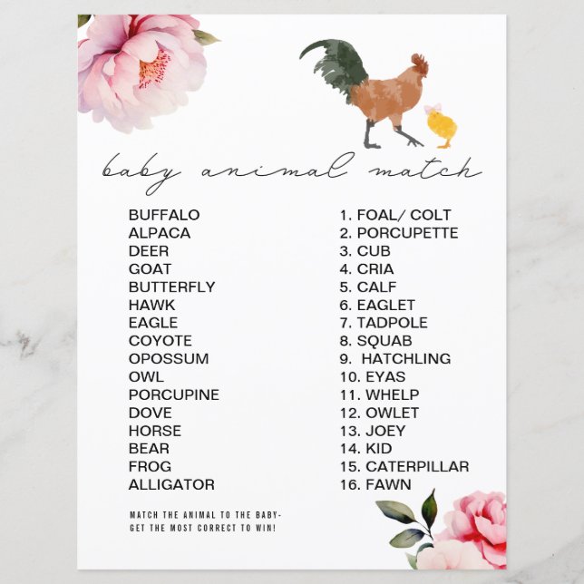 チキンピンクフローラ赤ちゃんシャワー動物マッチゲーム (正面)
