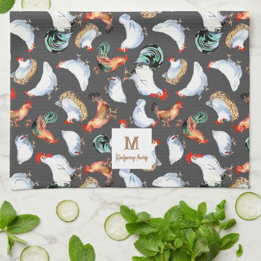 チキンファミリーファームハウスモノグラム キッチンタオル (折り畳み)