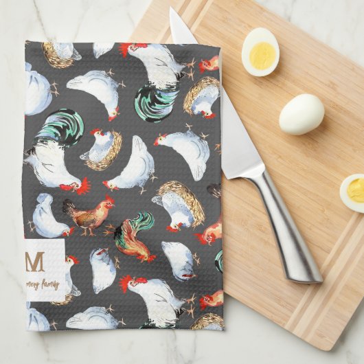 チキンファミリーファームハウスモノグラム キッチンタオル (四つ折り)