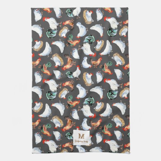 チキンファミリーファームハウスモノグラム キッチンタオル (縦)