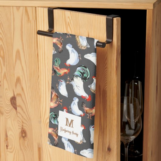 チキンファミリーファームハウスモノグラム キッチンタオル (三つ折り)