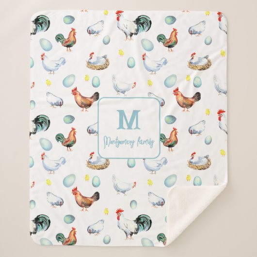 チキンファミリーファームハウスモノグラム シェルパブランケット (正面)