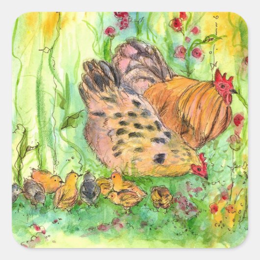 チキンファミリー水彩鳥飼動物 スクエアシール (正面)