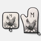 チキンヘンエッグズカントリーファームモノグラム 鍋つかみ&鍋敷きセット (正面)