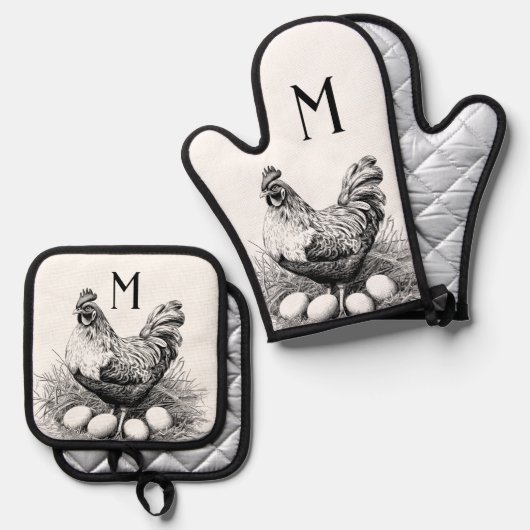 チキンヘンエッグズカントリーファームモノグラム 鍋つかみ&鍋敷きセット (正面/裏面)