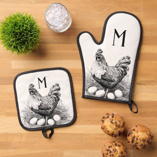 チキンヘンエッグズカントリーファームモノグラム 鍋つかみ&鍋敷きセット (トップダウン)