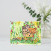 チキンヘンファミリーバードウォーター絵画カラー ポストカード (スタンド正面)