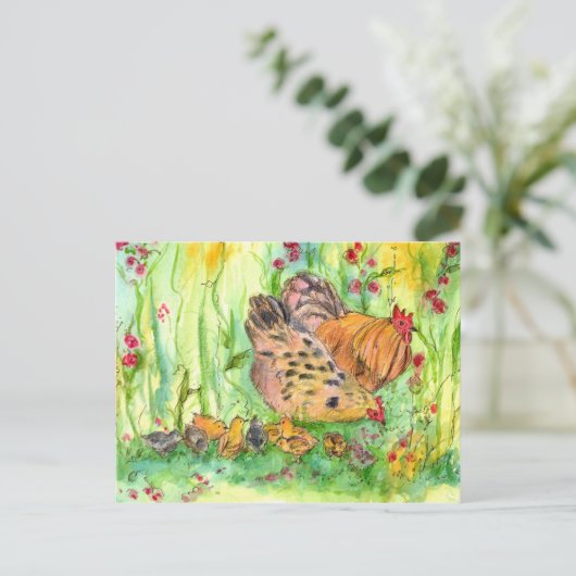 チキンヘンファミリーバードウォーター絵画カラー ポストカード (スタンド正面)