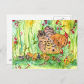 チキンヘンファミリーバードウォーター絵画カラー ポストカード (正面/裏面)