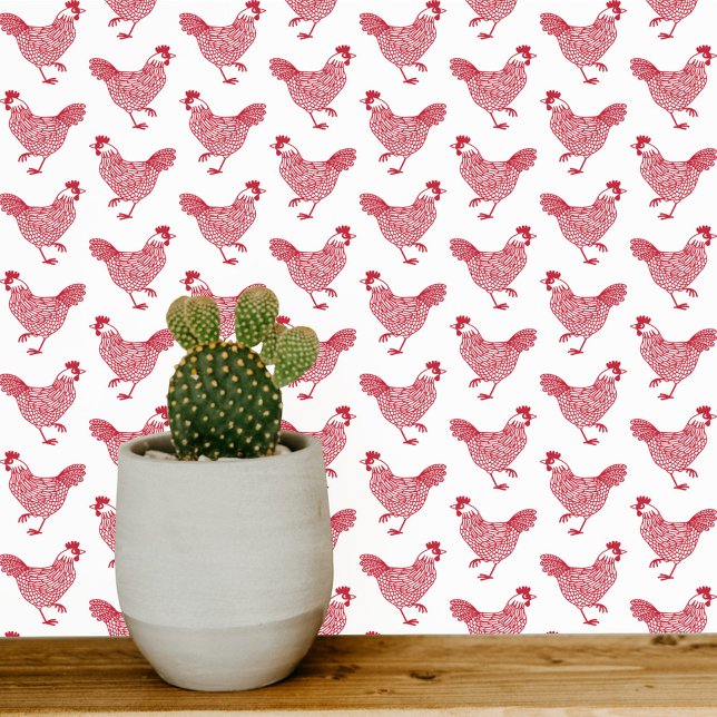 チキンヘンファームカントリーレッドホワイト 壁紙 (Chicken Hen red and white farmhouse wallpaper)