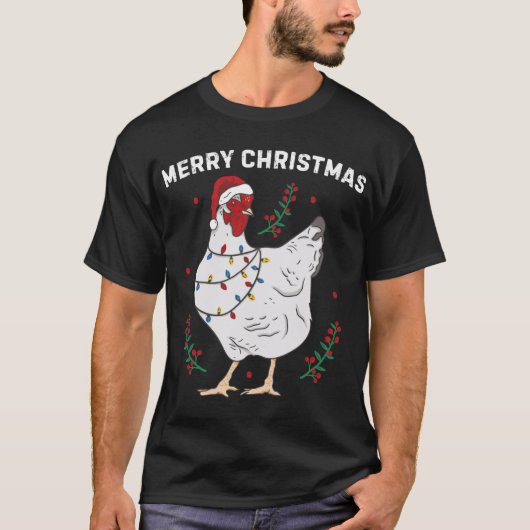 チキンメリークリスマスおもしろいサンタハットチキンリー Tシャツ (正面)