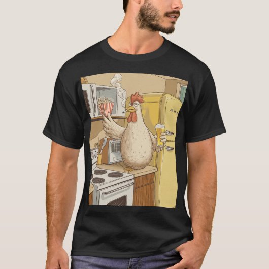 チキン喫煙,ビールを持つポップコーン Tシャツ (正面)