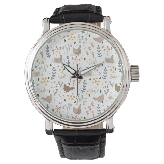 チキン愛好家ファルミヤードアニマルかわいらしフローラ 腕時計 (正面)