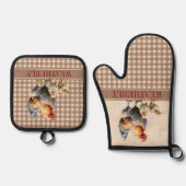 チキン素朴モノグラムの国チェック |名前 鍋つかみ&鍋敷きセット (正面)